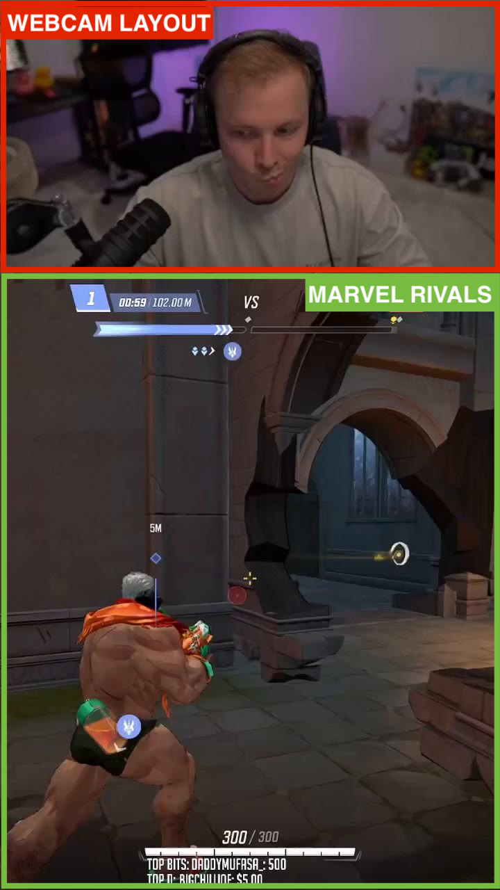 Vertical clip with webcam stacked above gameplay, showing labeled layout regions